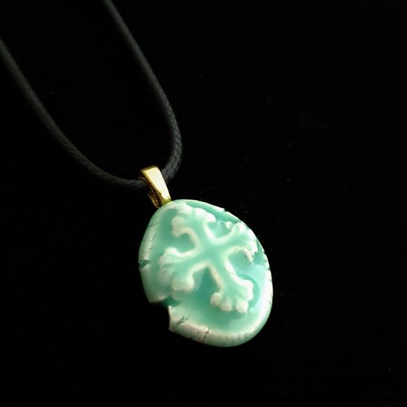 Handmade Ceramic Aqua Green Fleur De Lis Cross Pendant Necklace - Picture 7 of 14